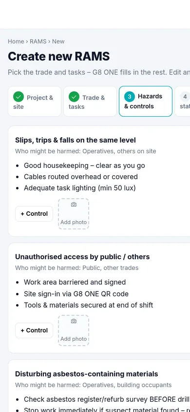 Creating a RAMS on a phone with hazards and controls filled in from the trade and tasks