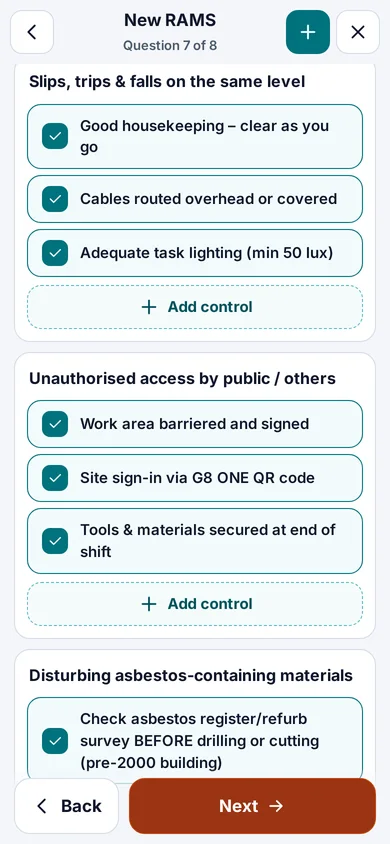 Creating a RAMS on a phone with hazards and controls filled in from the trade and tasks