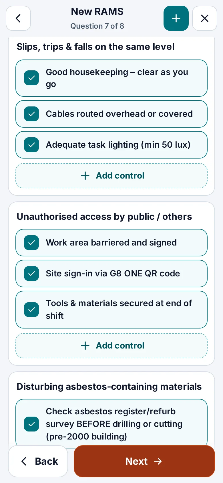 Creating a RAMS on a phone: hazards and controls filled in from the trade and tasks