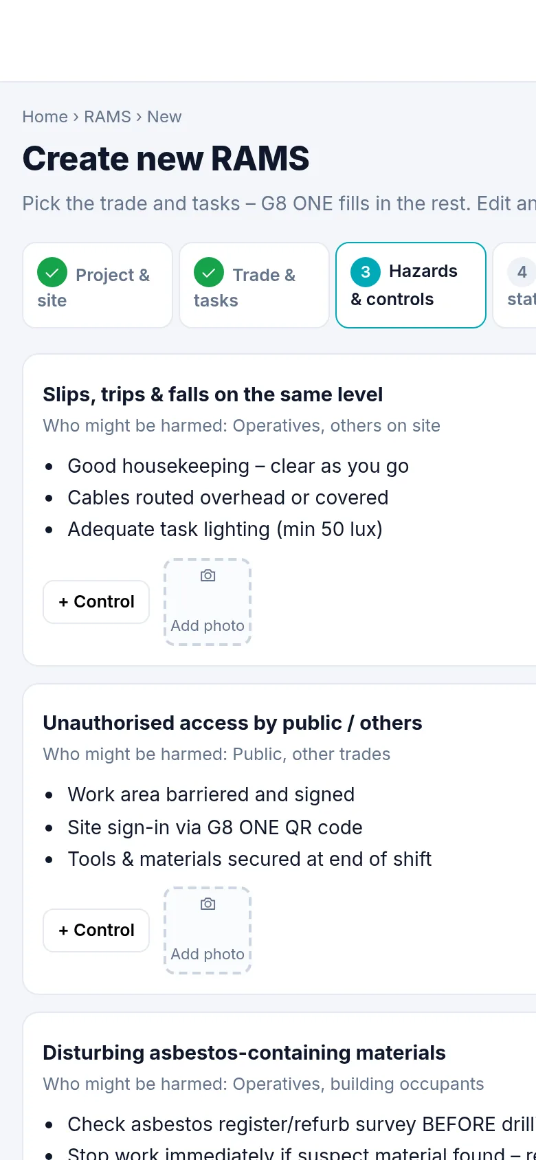 Creating a RAMS on a phone: hazards and controls filled in from the trade and tasks