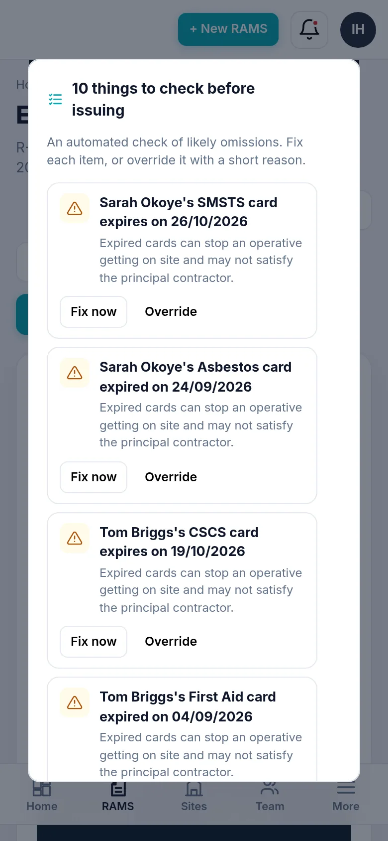 Pre-export check listing things to review before a RAMS is issued