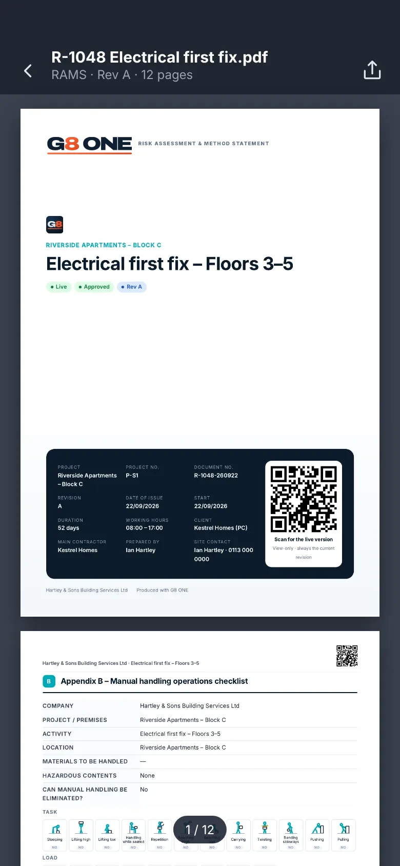 RAMS PDF with a cover page and a QR code on every page