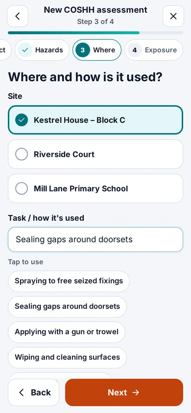 New COSHH assessment on a phone, step 3 of 4: the site picked from cards and a tap-to-use list of common tasks
