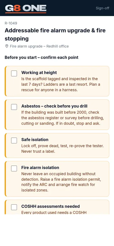 Operative sign-off screen listing safety points to confirm before work starts